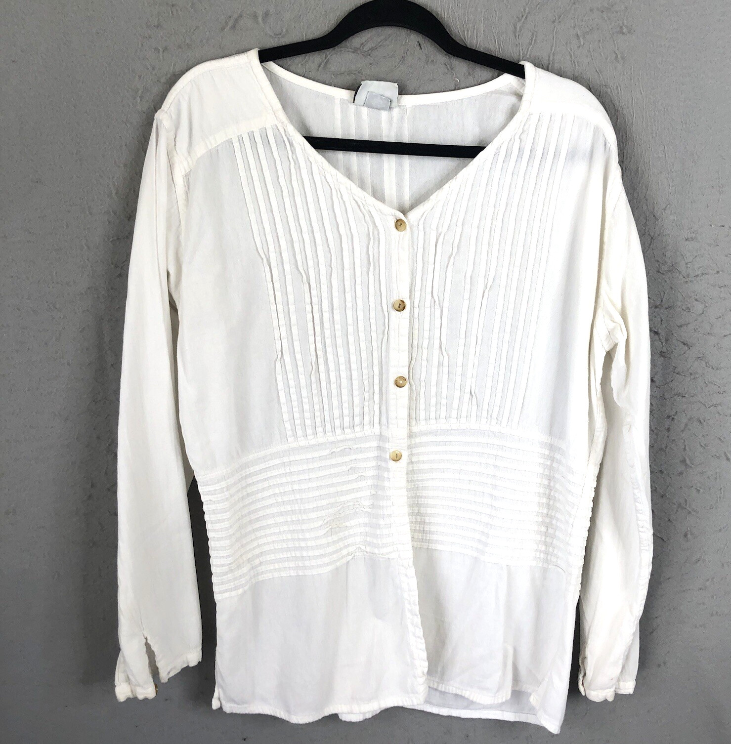 Eucalyptus Top Women L White Pleated Cotton Peasant Festival Feminine Lagenlook