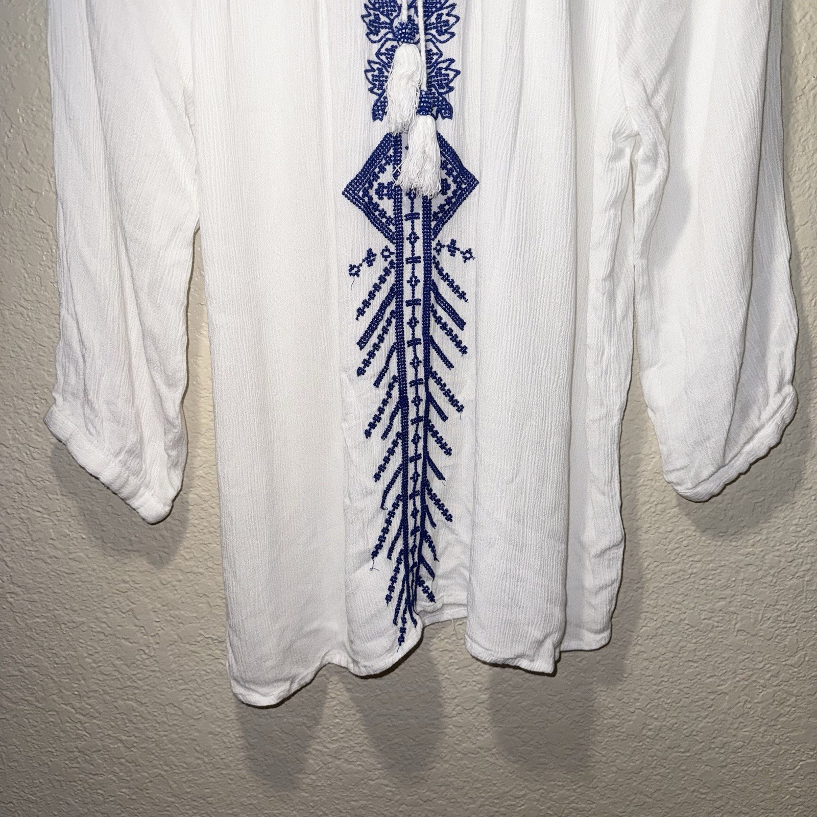 Ultra Pink Large White Embroidered Boho Peasant Tassel Sheer Top
