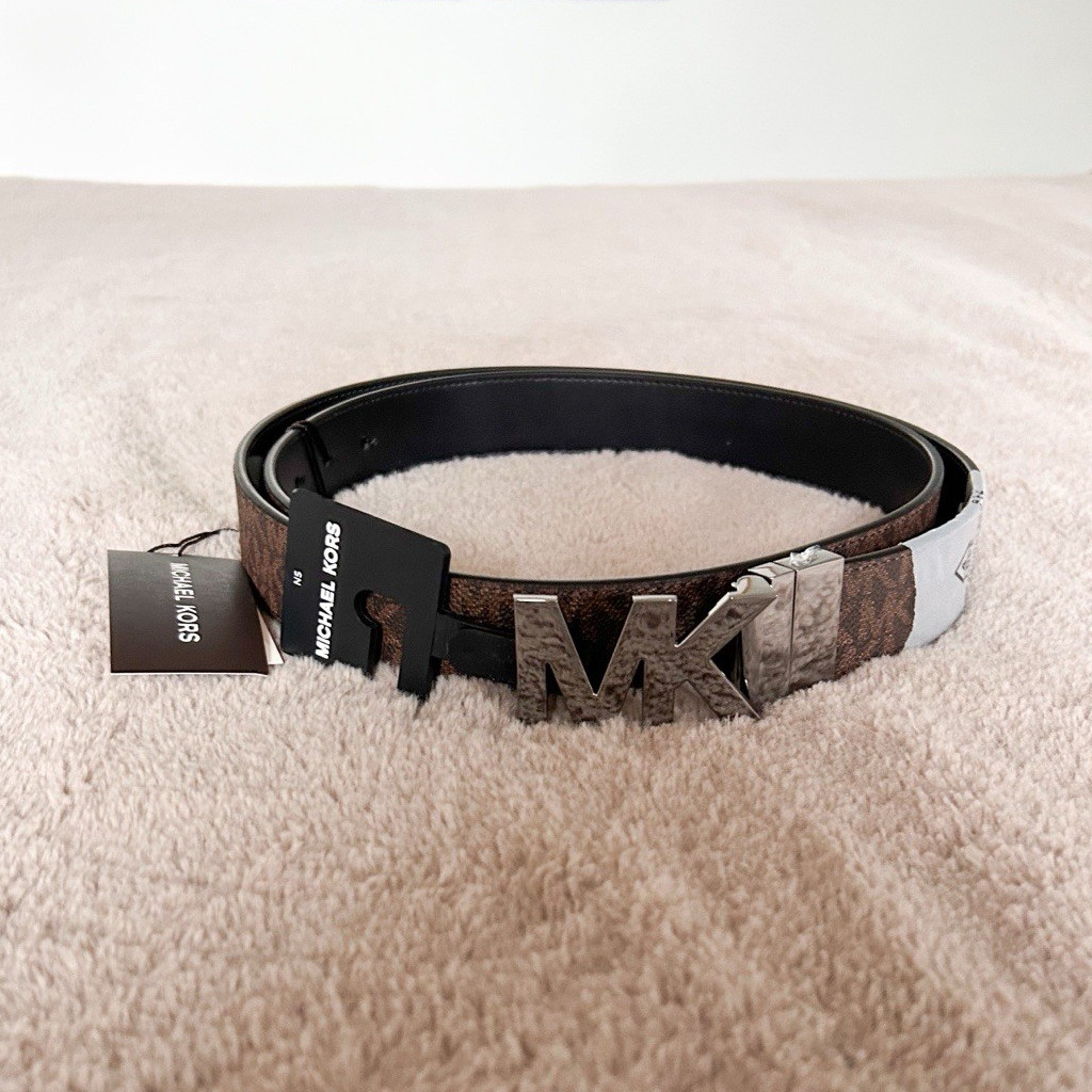Michael Kors Reversible Brown/Black Logo Dress Belt w/ Silver MK Buckle