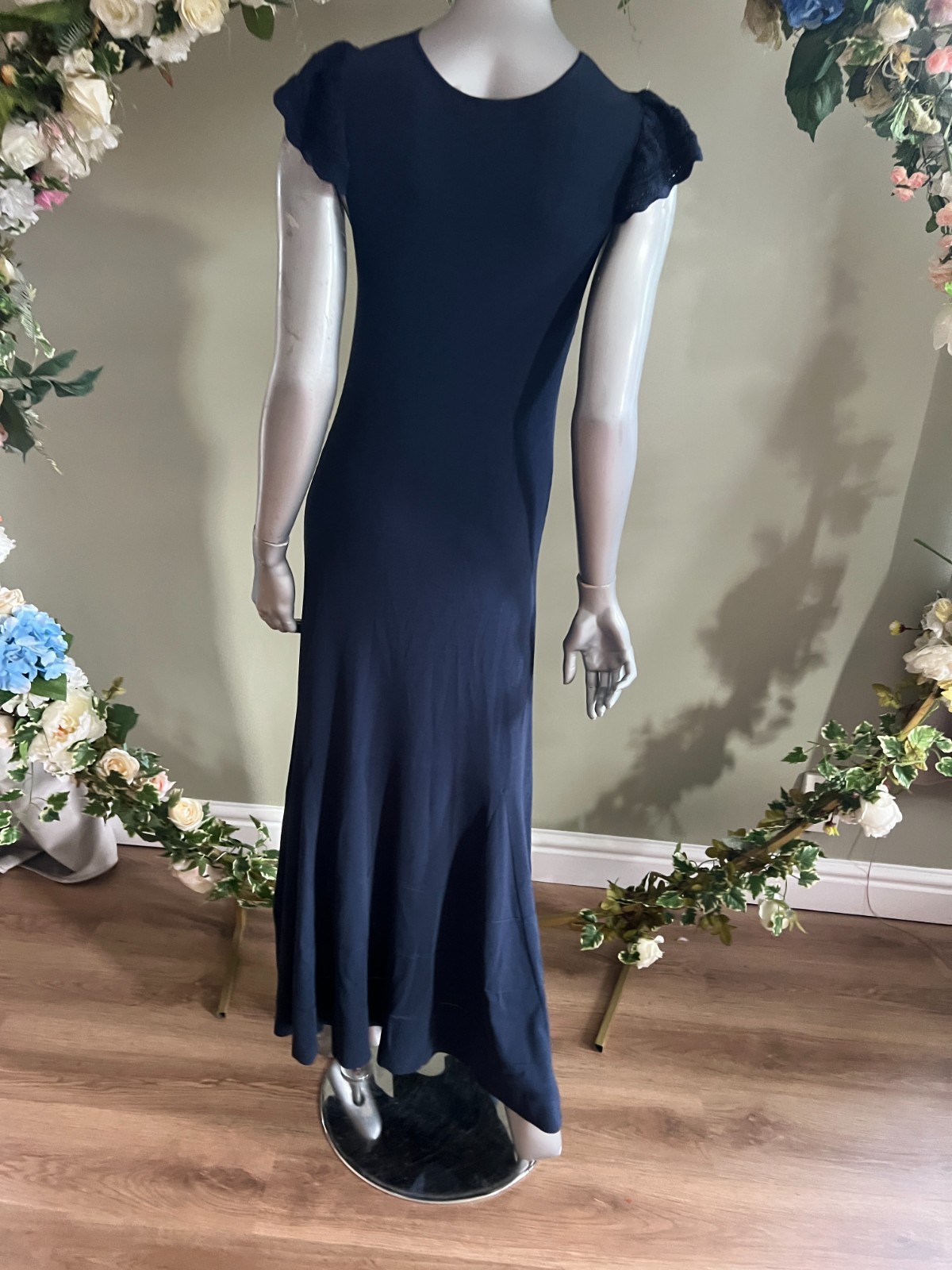 TED BAKER Maxi Dress Womens TB 2 UK 10 Navy Knitted Cross Over Crochet Trim NEW