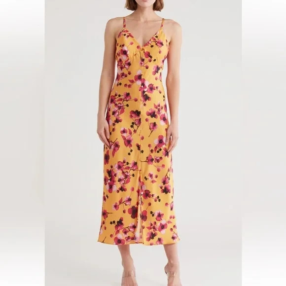 New, Hutch Anthropologie Liddy Multi Mustard Floral Slip Dress Size S #MD1384