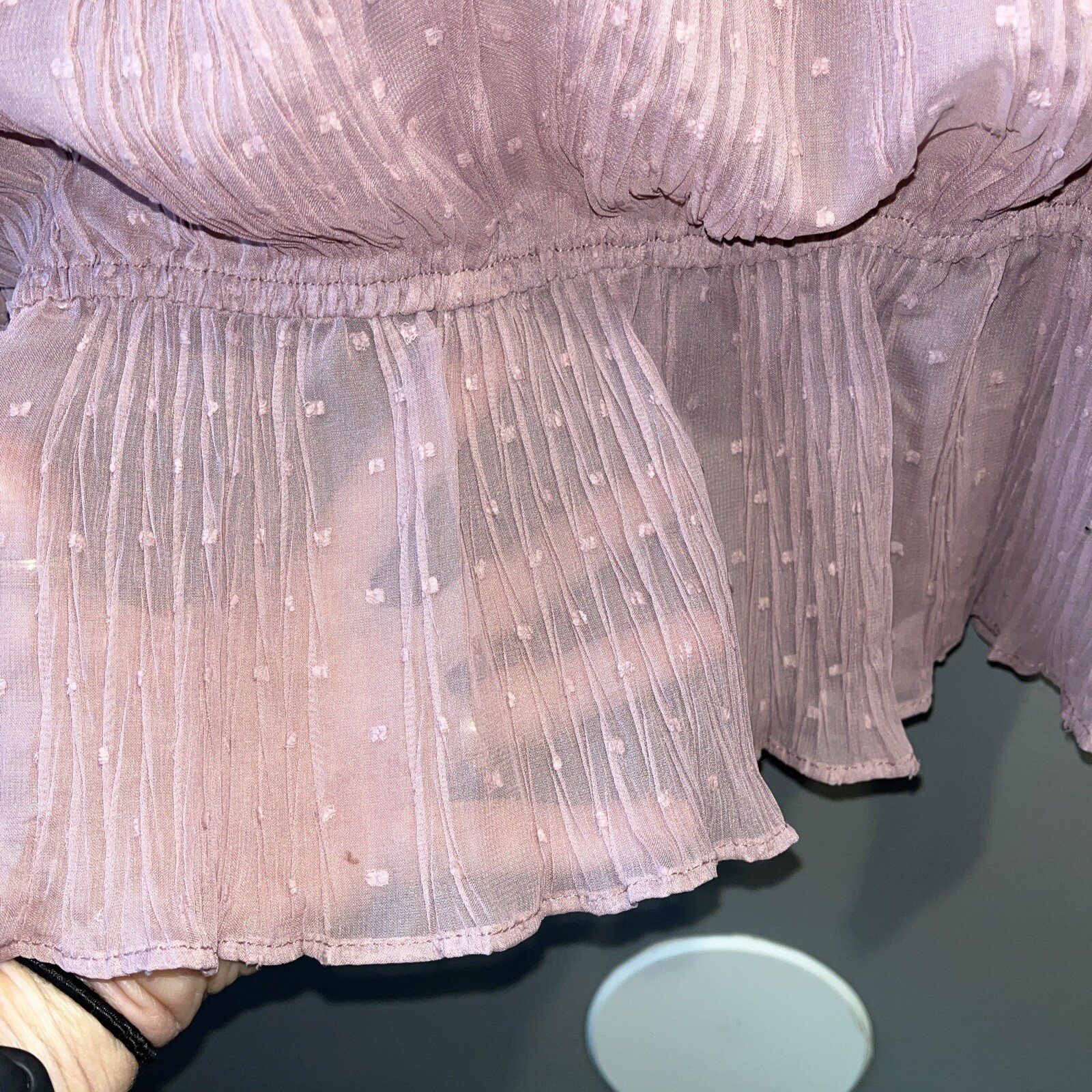 Mine Off The Shoulder Flutter Top Womens L Pink Sheer Swiss Dot