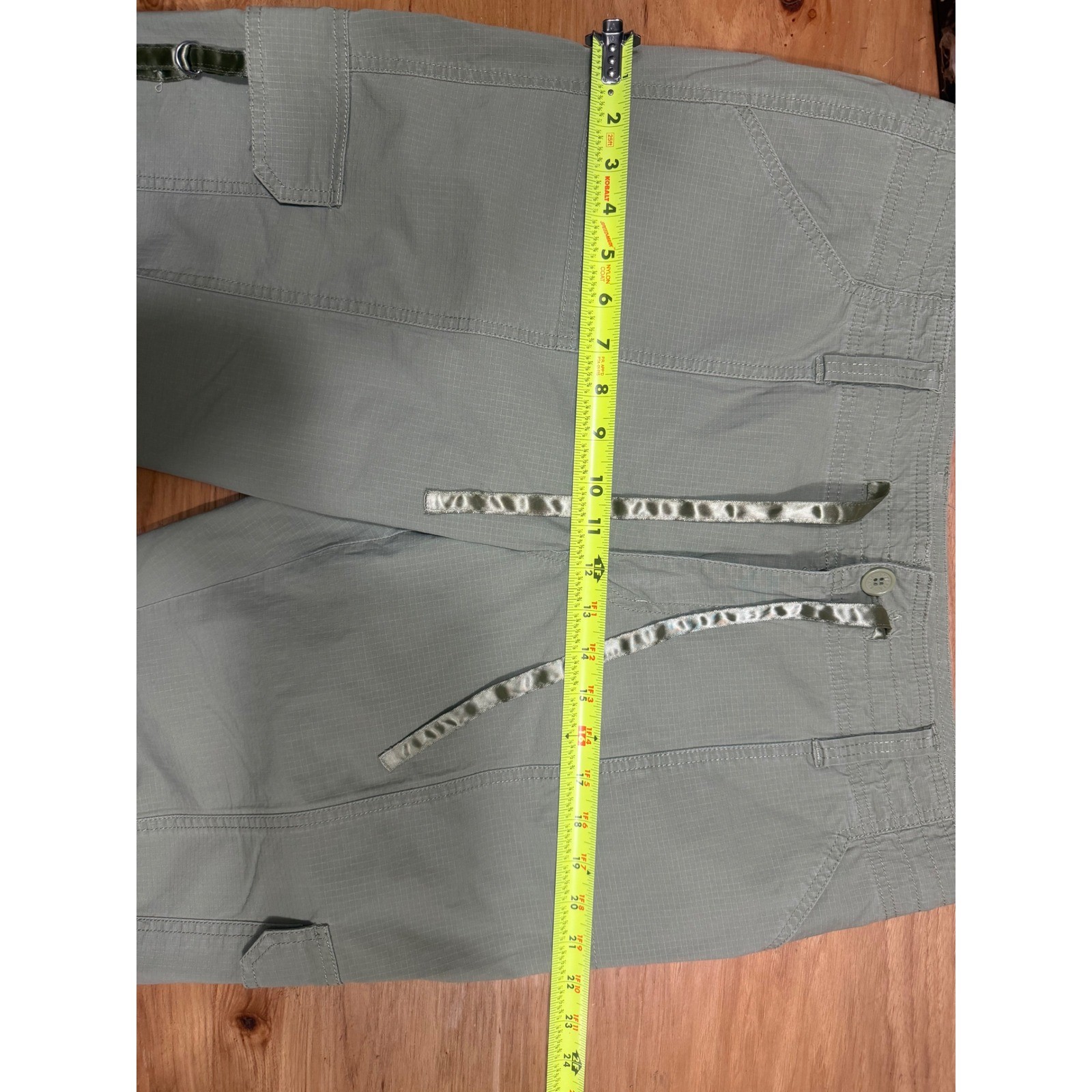 Venezia Women Green Ripstop Cargo Capri Pants Size 14 Cropped Utility Ribbon Tie