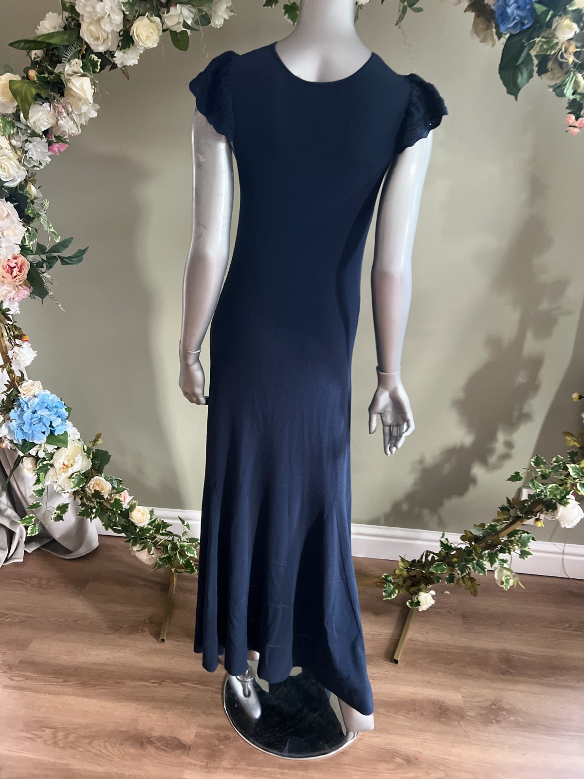 TED BAKER Maxi Dress Womens TB 2 UK 10 Navy Knitted Cross Over Crochet Trim NEW