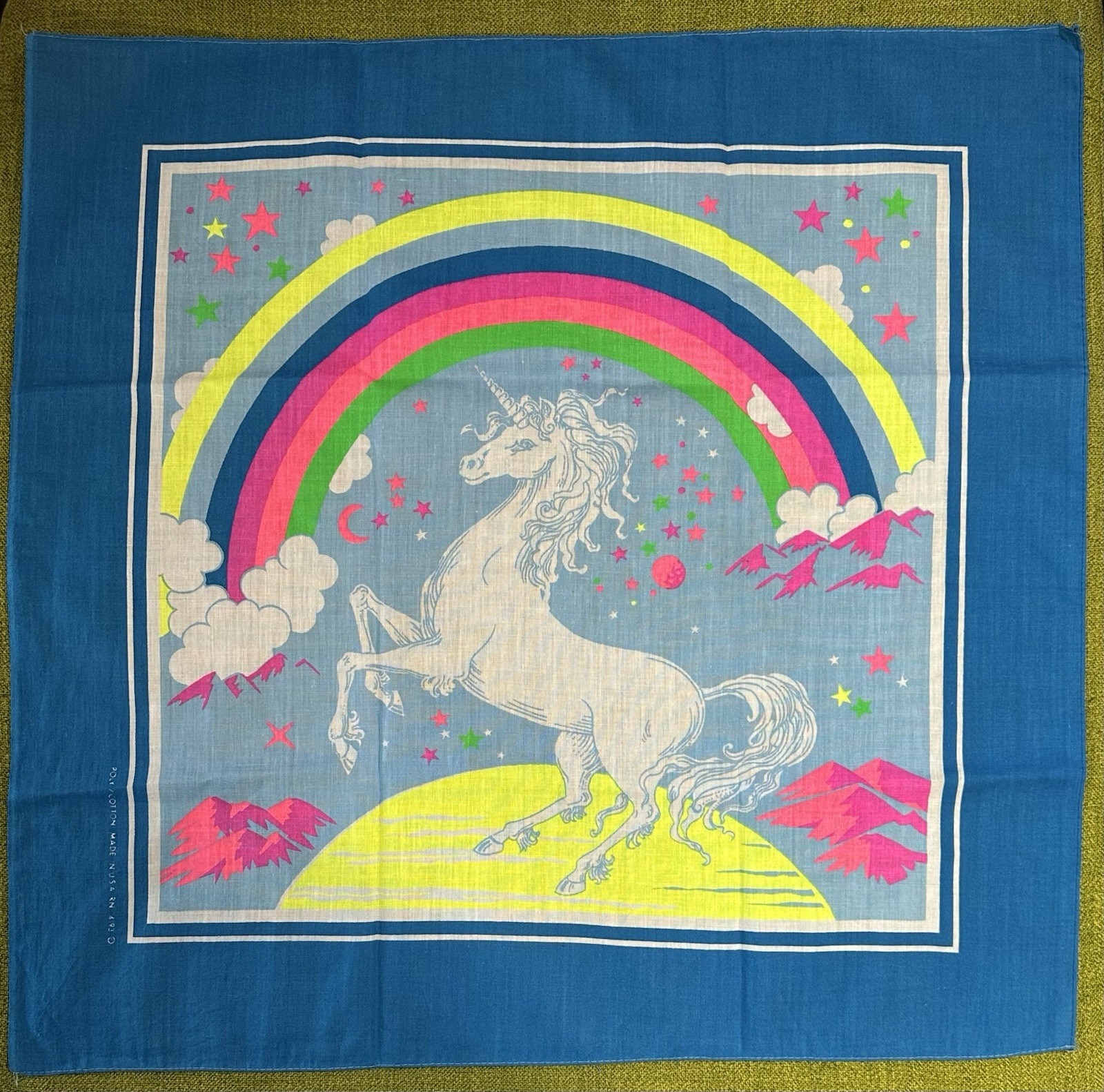 NOS 22 x 21.5 Vintage 1980s UNICORN NEON RAINBOW Bandanna Company Greenville USA