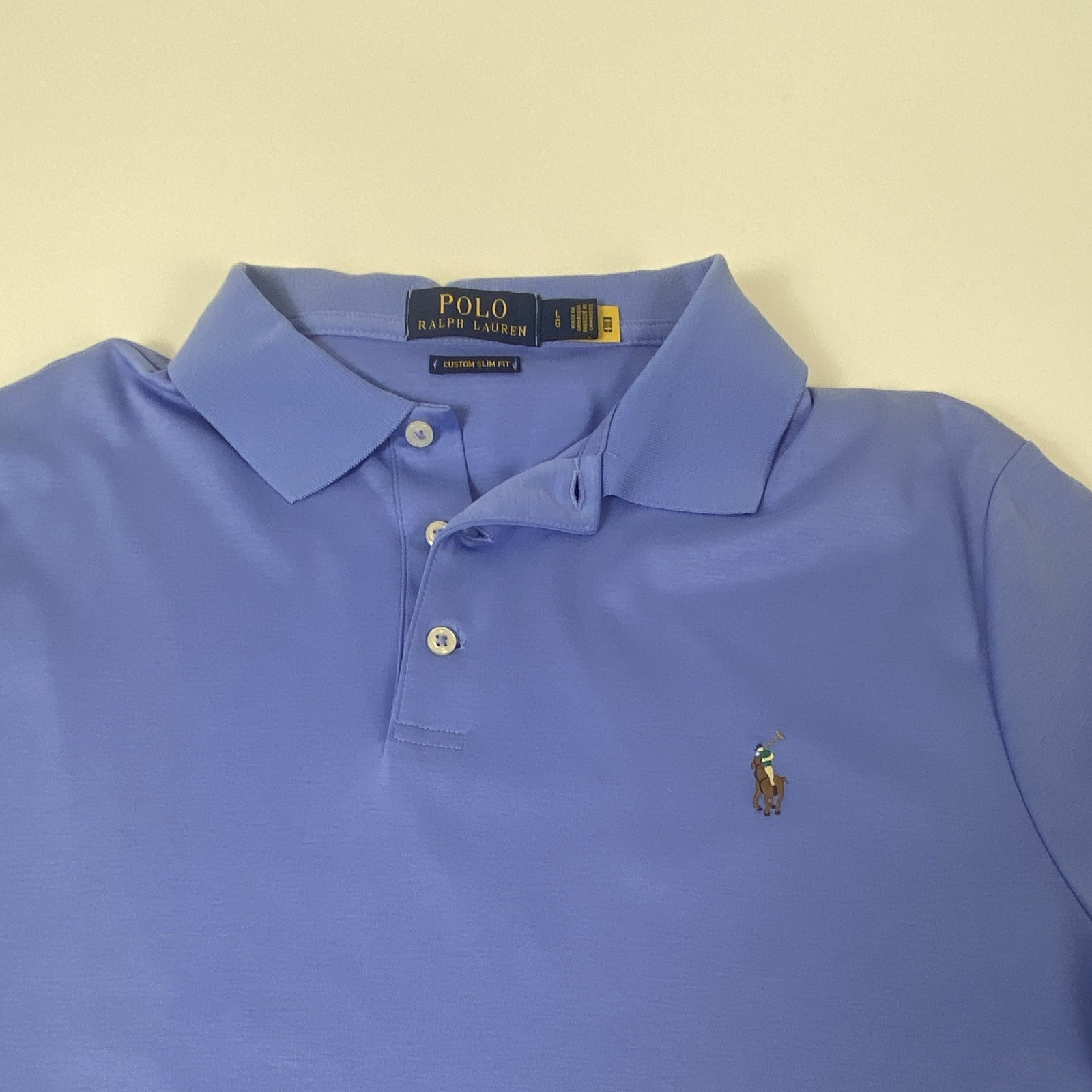 Polo Ralph Lauren Men’s L Blue Solid Cotton Custom Slim Fit Polo Emb Logo