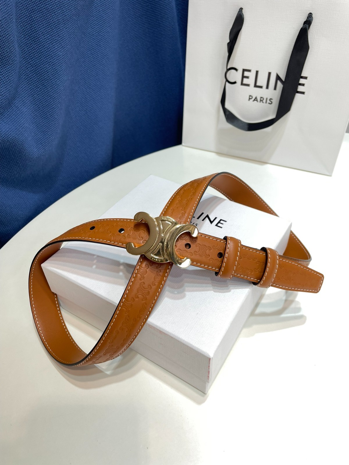 Celine Triomphe Buckle Tan Embossed Leather Belt Luxury Designer Waist Belt