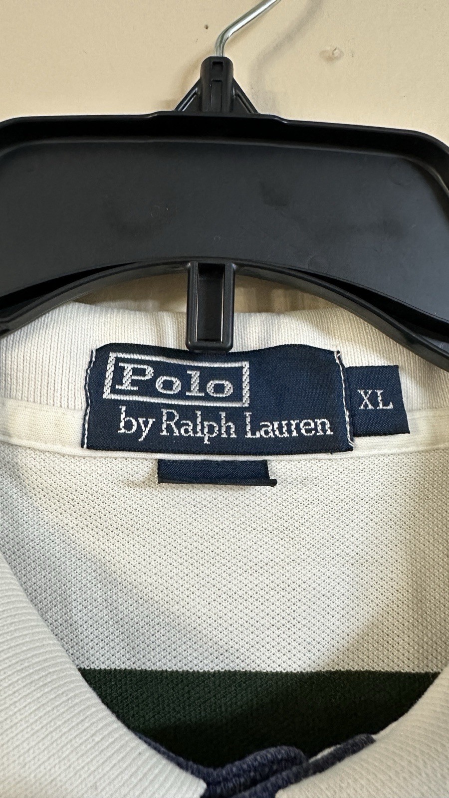 Men’s XL Striped Knit Polo Shirt White Green Blue Logo