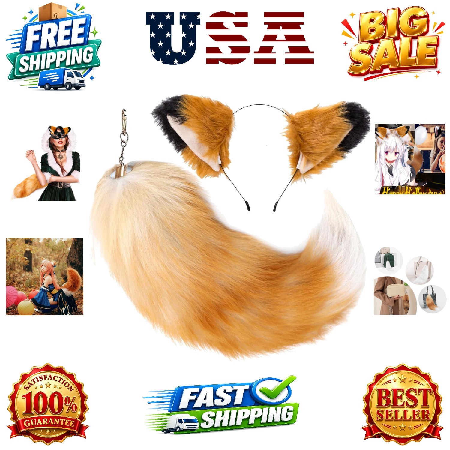 Cat Wolf Fox Ears and Tail Set for Kids Fluffy Fox Tail Cosplay Party Wolf Co…