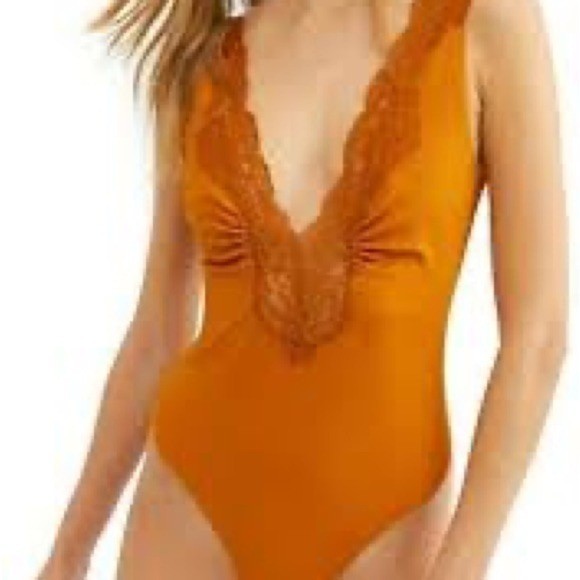 Free People Orange Lace Trim Deep V Neck Ribbed Bodysuit Women’s