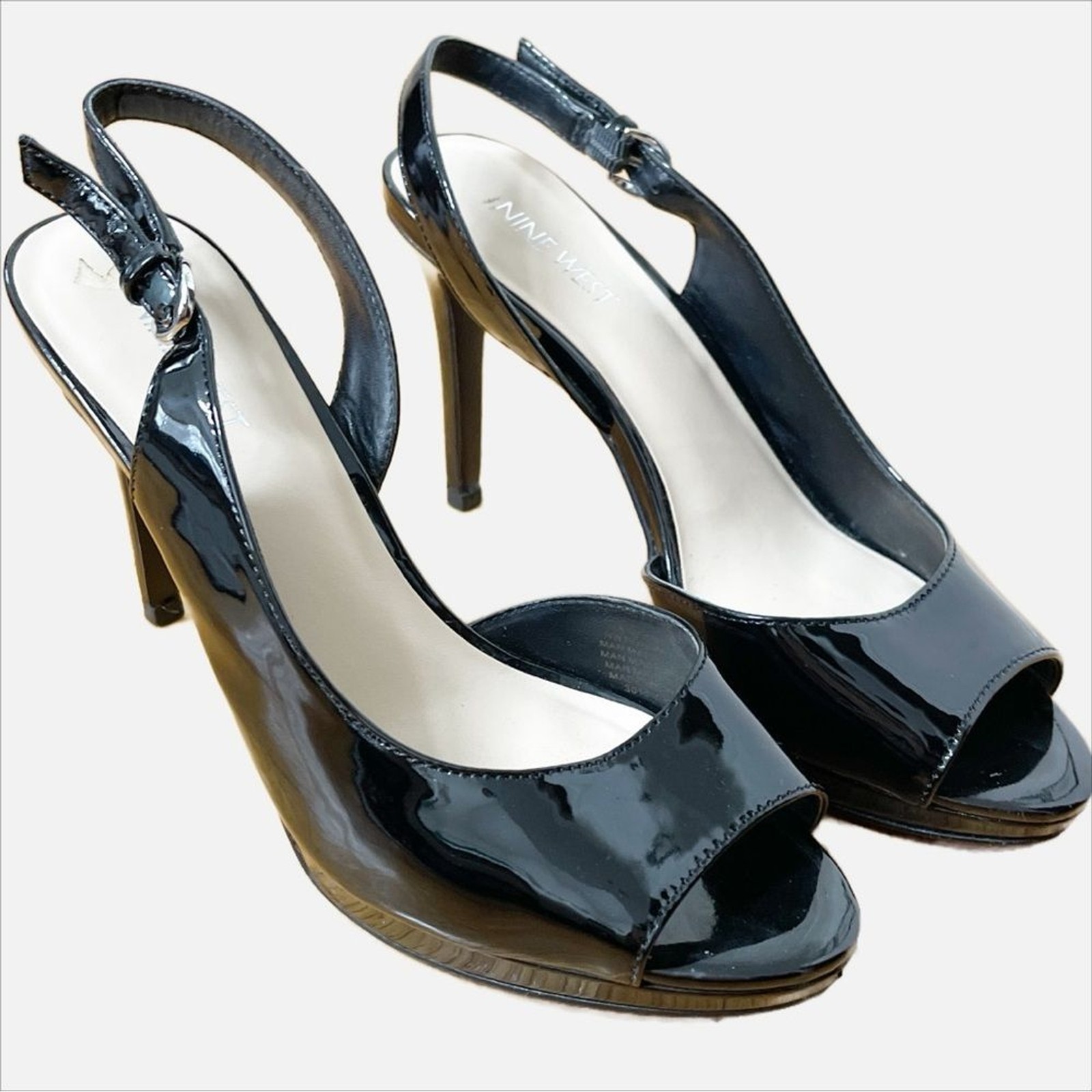 Nine West Women Peep Toe Slingback Black Patent Leather Heels Size 7.5