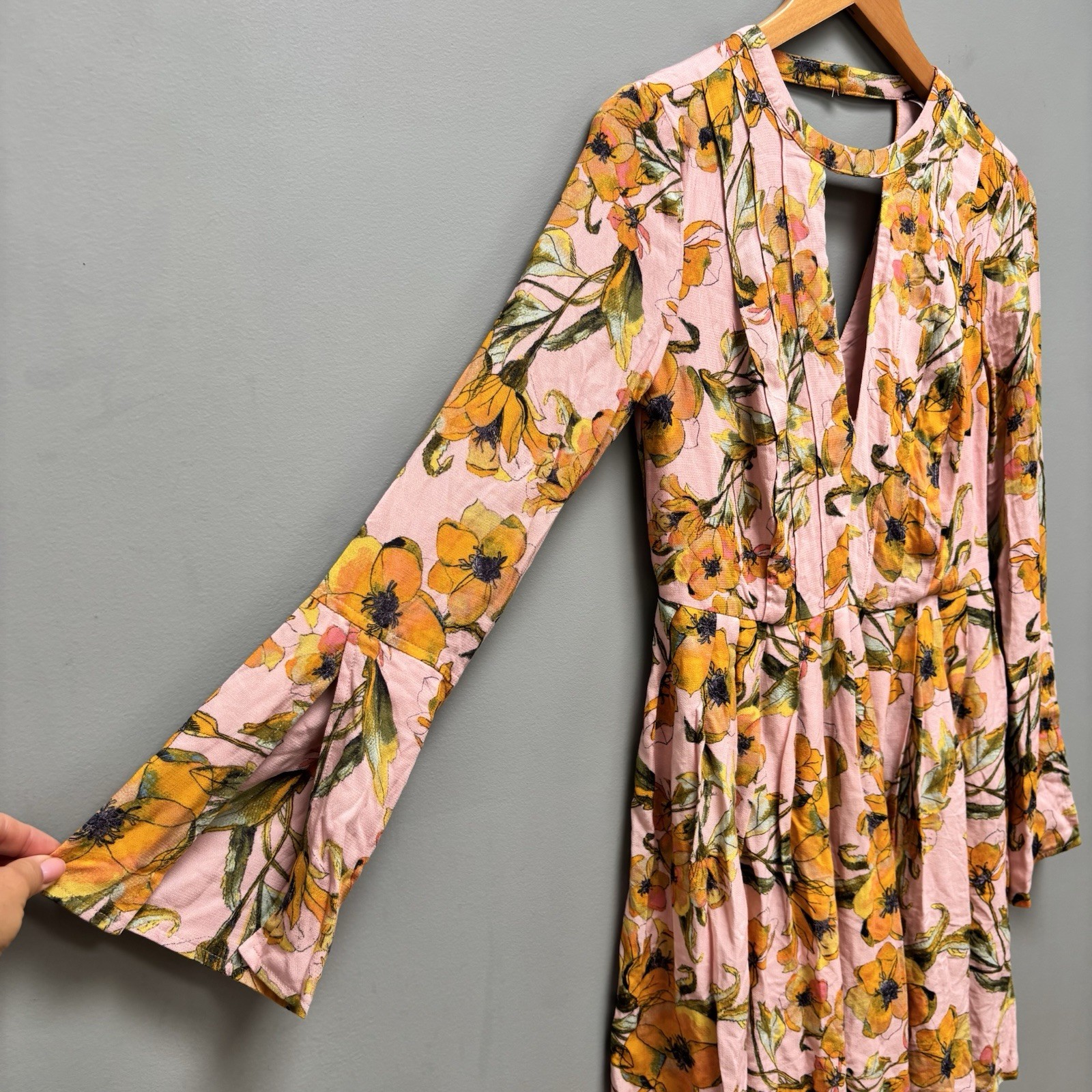 Free People Tegan Pink Floral Mini Dress Long Sleeve 0