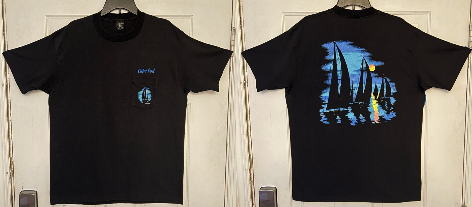 Sherry’s Best Single Stitch Size XL Cape Cod Sailing Black Pocket T-Shirt 90’s