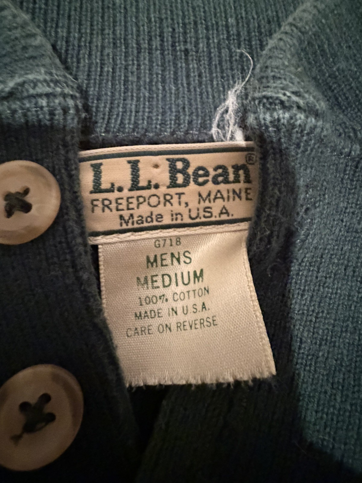 Vintage LL Bean Sweater Mens Medium Green Henley Knit Made in USA