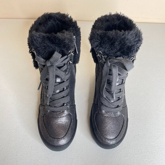 Guess Dustyn Faux Fur Hidden Wedge Sneaker Ankle Boots Size 6.5