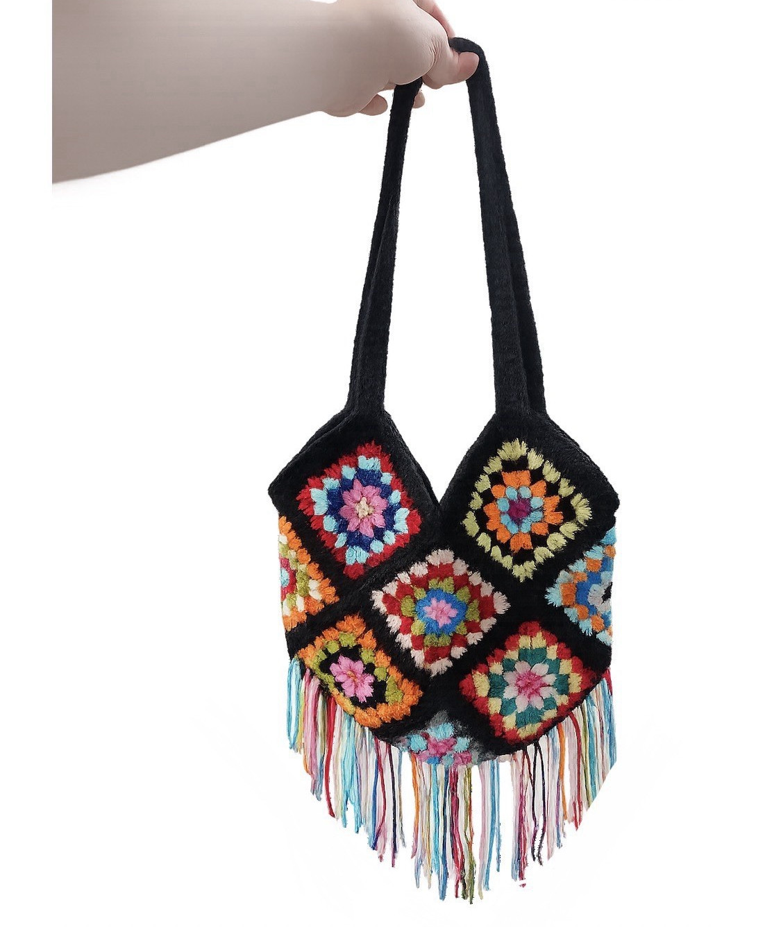 Crochet Granny Square Floral Fringe Multicolor Women’s Shoulder Bag Bohemian