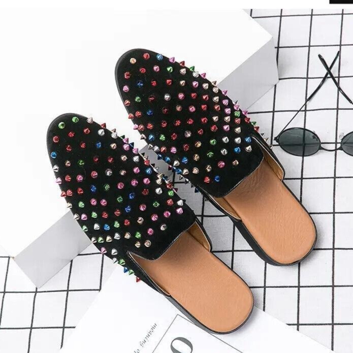 Men‘s Rivets Spike Mules Slippers Slip On Casual Round Toe Shoes Studded Hot