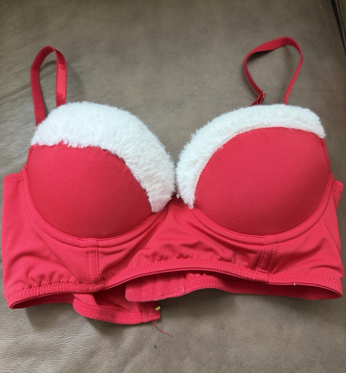 Fashion Nova Underwired Padded Balconette Bra 34B Red/White Faux Fur Hook&Eye