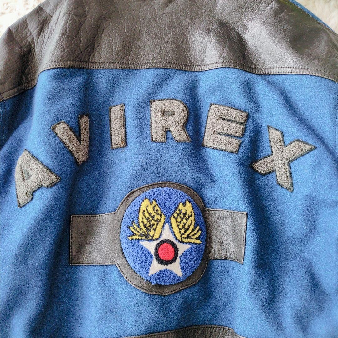 AVIREX Leather Wool Stadium Jacket Blouson Coat Men Size M Blue Black Vintage