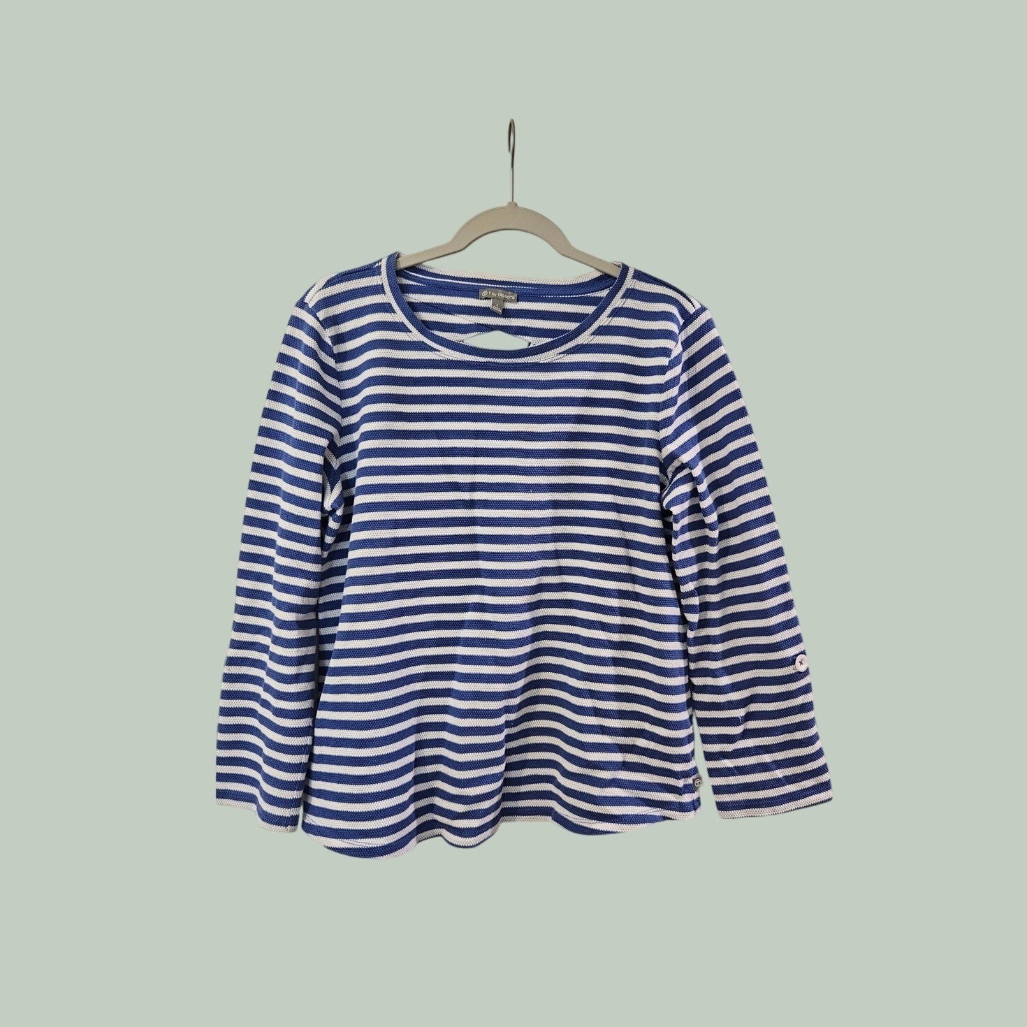 T by Talbots Blue White Striped Waffle Knit Top Keyhole Back Womens Large
