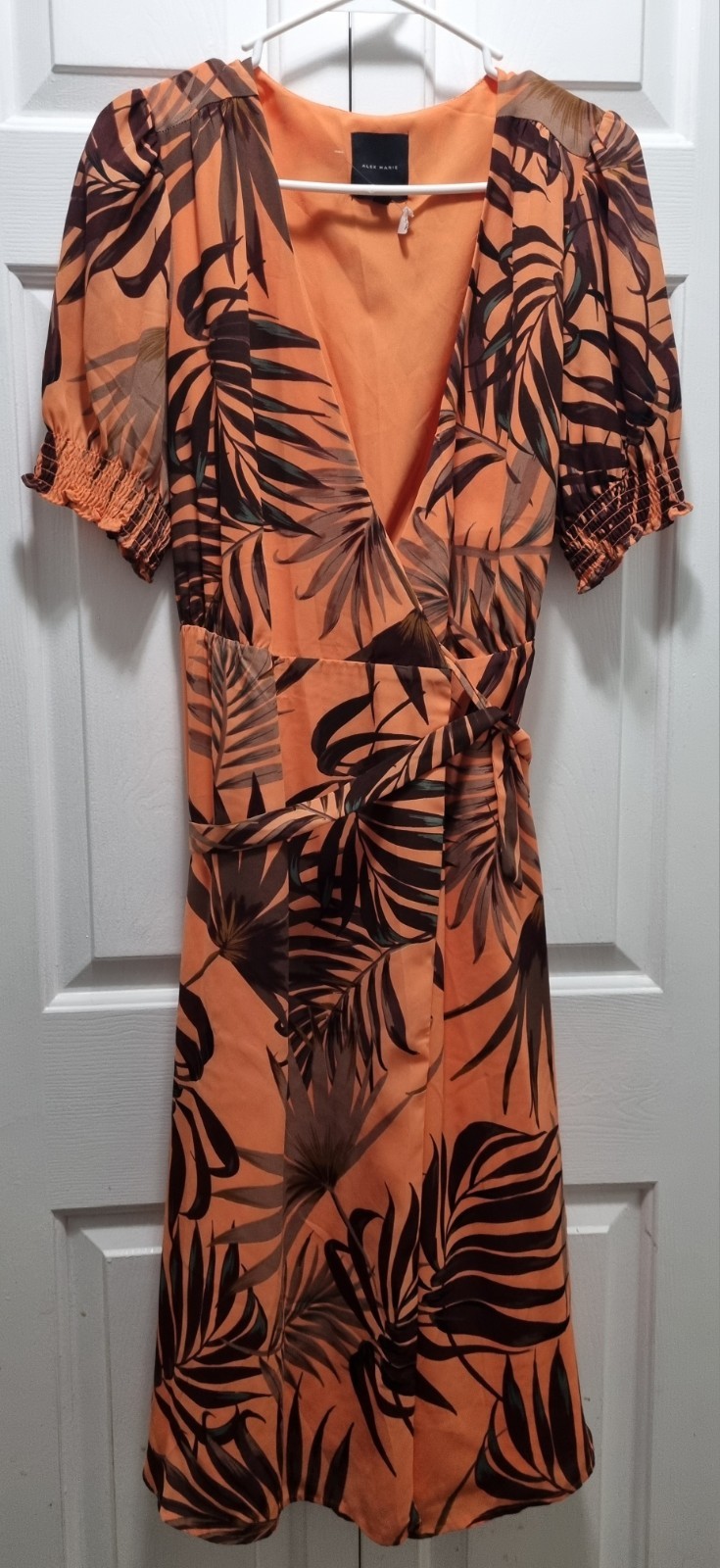 Alex Marie Wrap Midi Dress Orange Black Tropical Floral Ruched V-Neck Size 10