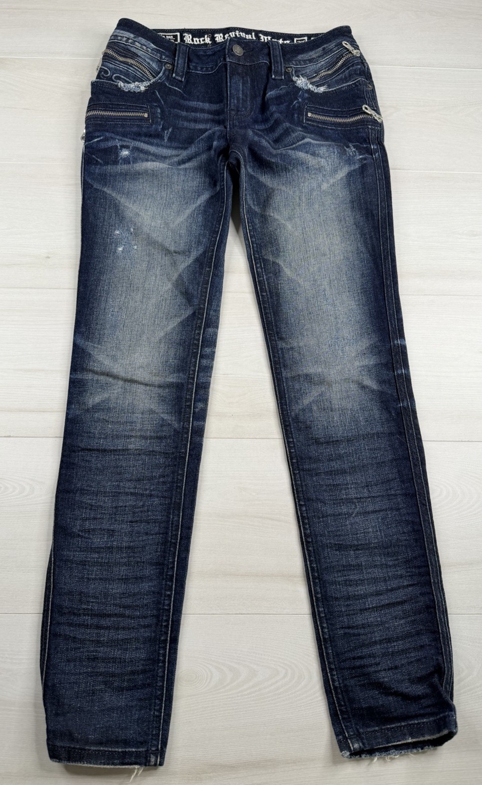 Rock Revival Cladelle Moto Jeans Distressed Stretch Motorcycle Zip Pockets 27×28