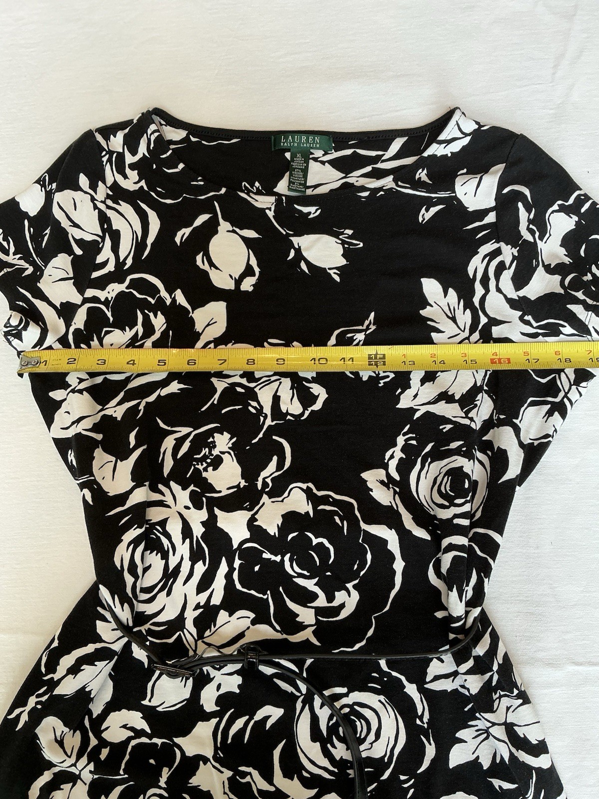Lauren Ralph Lauren Sheath Dress XL Black White Floral Knit Belted Stretch