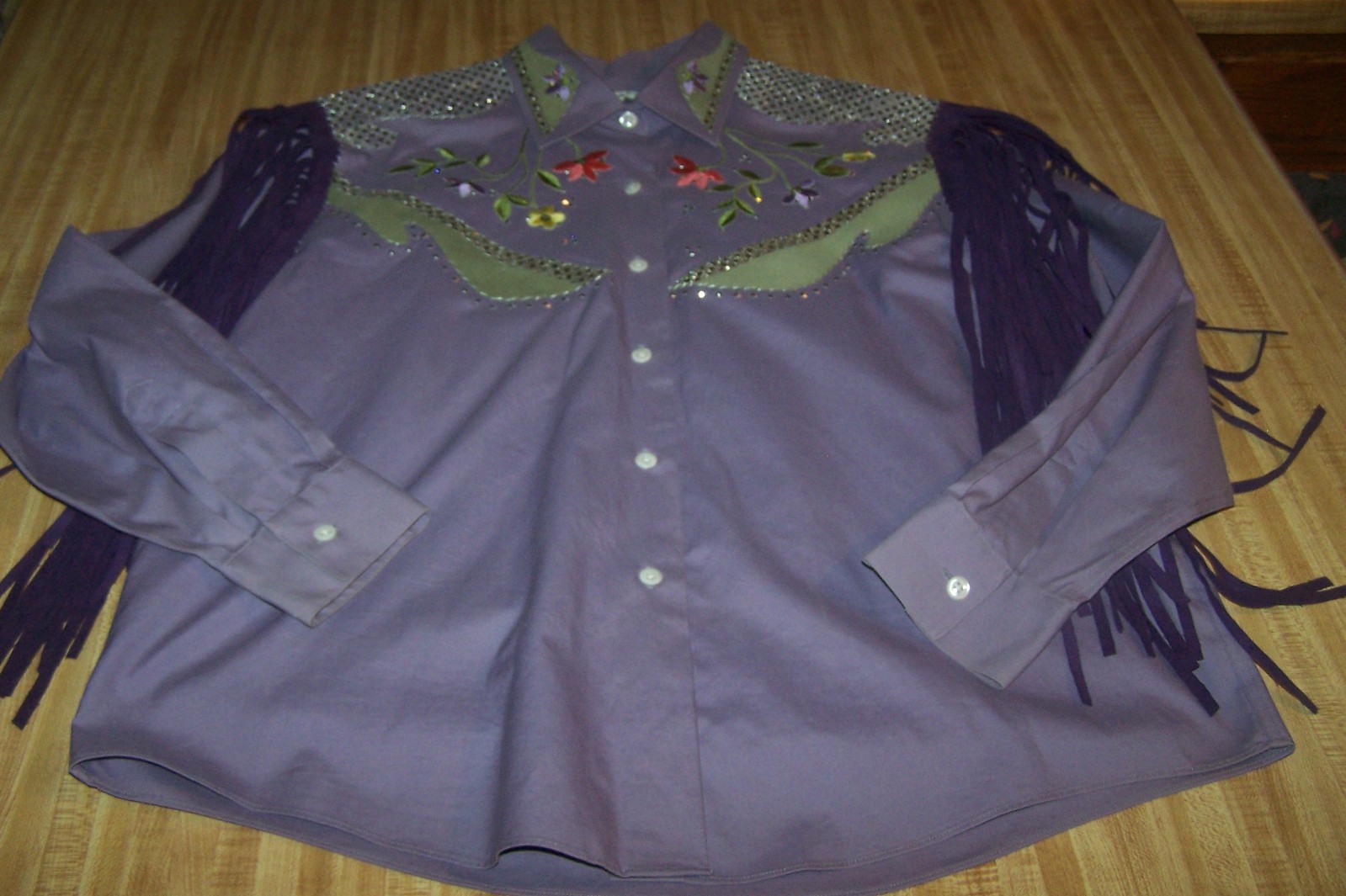 XL Western Custom Embroidered Fringe Rhinestone Cowgirl Boot Rodeo Queen Blouse