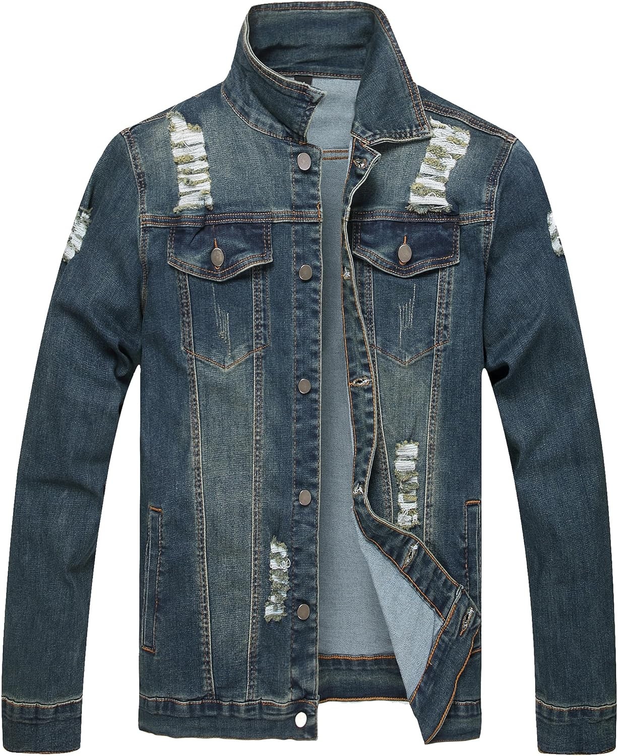 Men’s Distressed Ripped Slim Fit Denim Jacket Casual Button Up Trucker Jean Coat