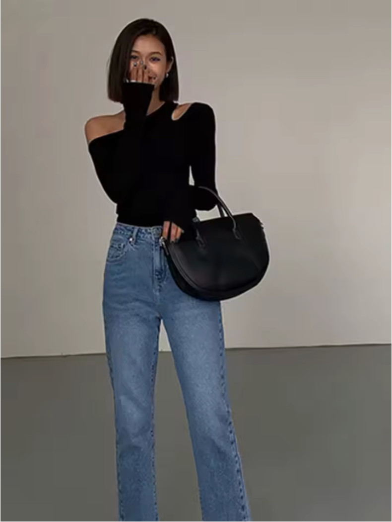 Women’s One Shoulder Long Sleeve Top Black Slim Fit Cut Out Casual Blouse