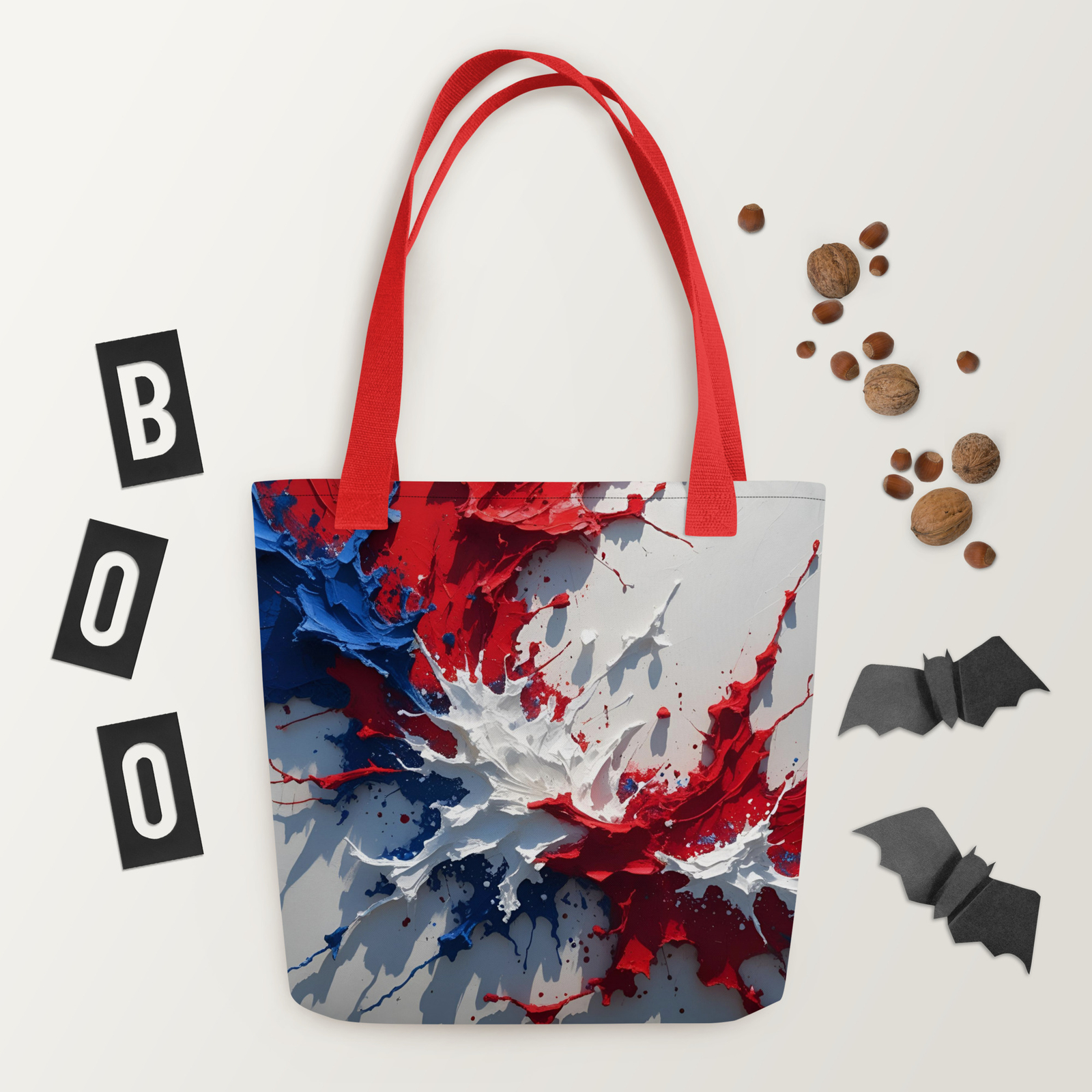Red White Blue Paint Splatter Tote Bag 15×15 USA Patriotic Canvas Style Gift