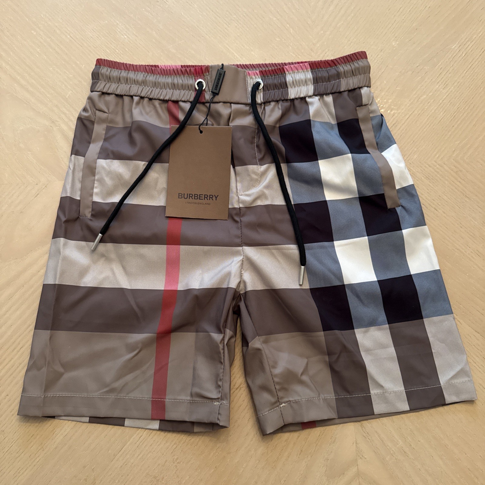 Burberry Boy’s Teens Checker Silk Swim Trunks Draw Shorts Beige Waist Size M