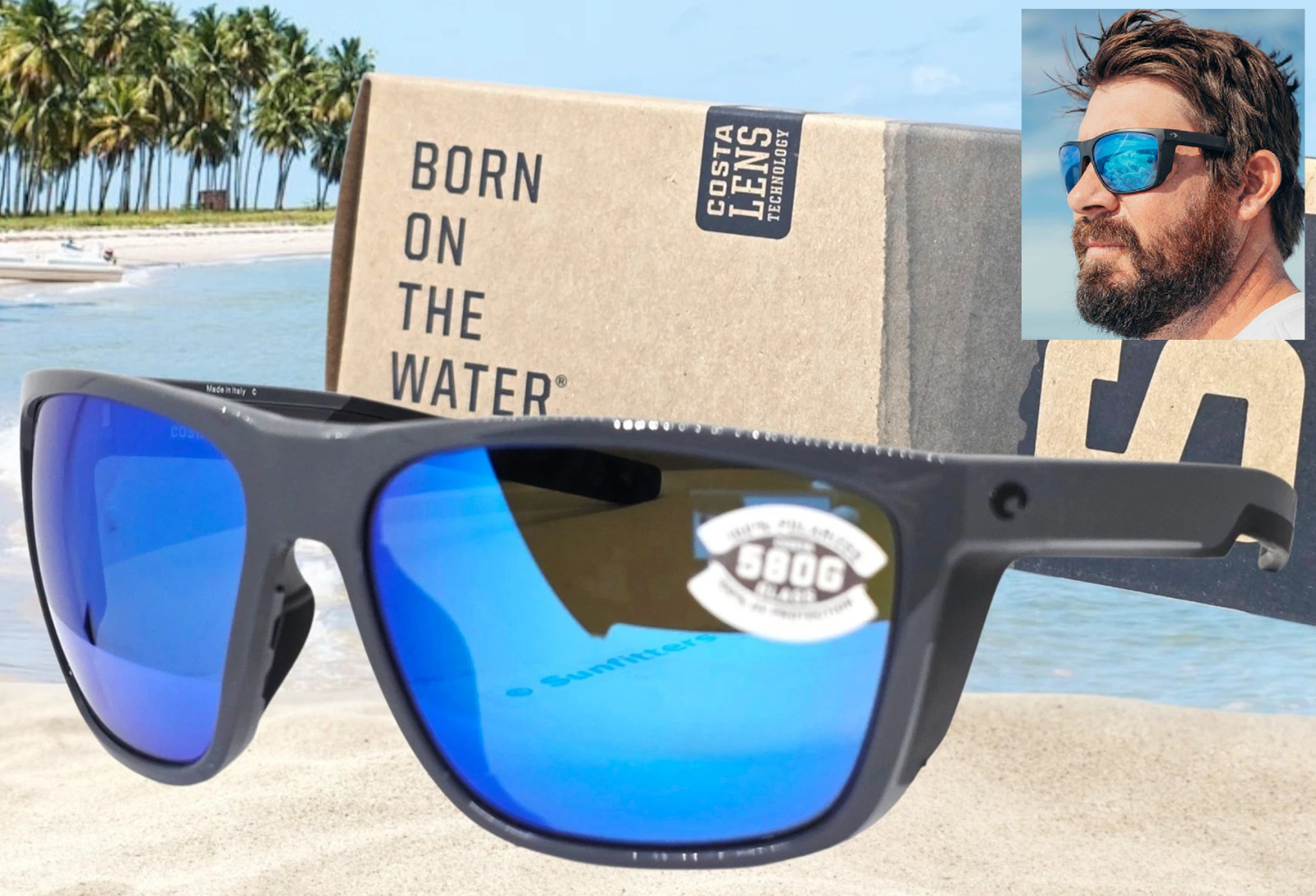 COSTA DEL MAR shiny gray/blue mirror FERG XL polarized 580G sunglasses NEW!