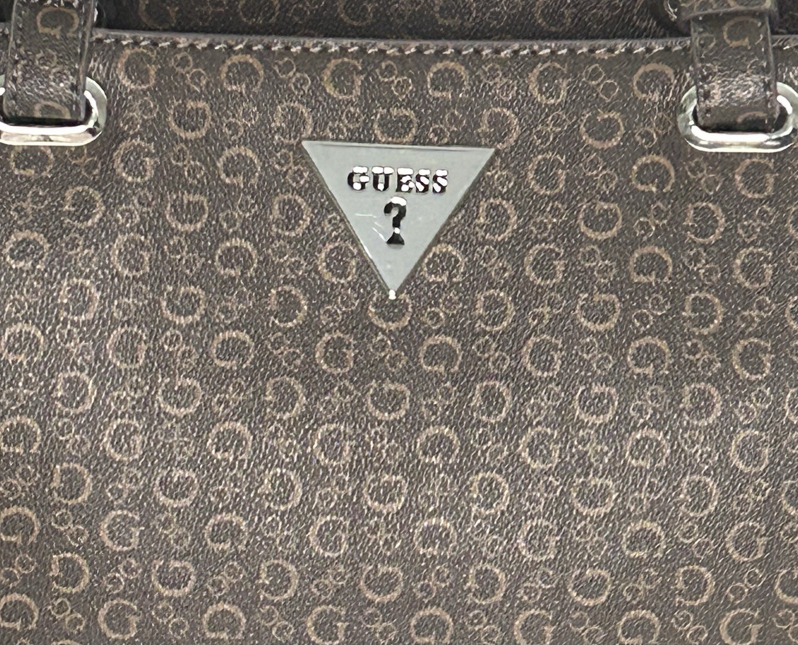 GUESS Brown Logo Tote Bag Zip Top Double Handles Silver Hardware Inner Pockets
