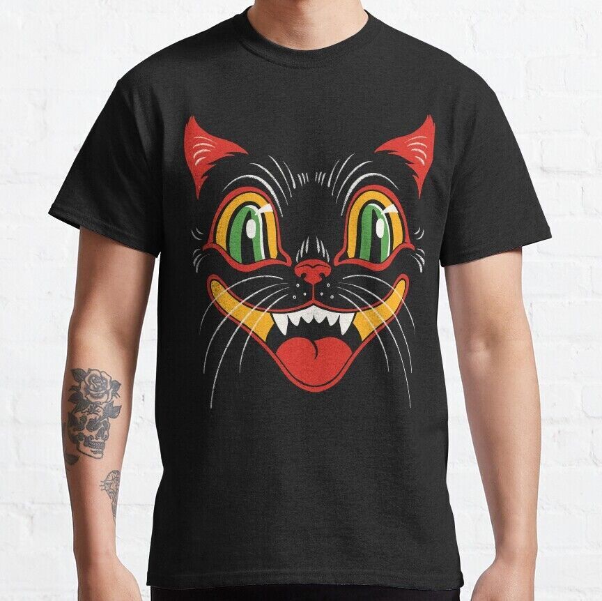 Retro Vintage Halloween Decor Black Cat Face Gifts Black S-5XL Unisex T-Shirt