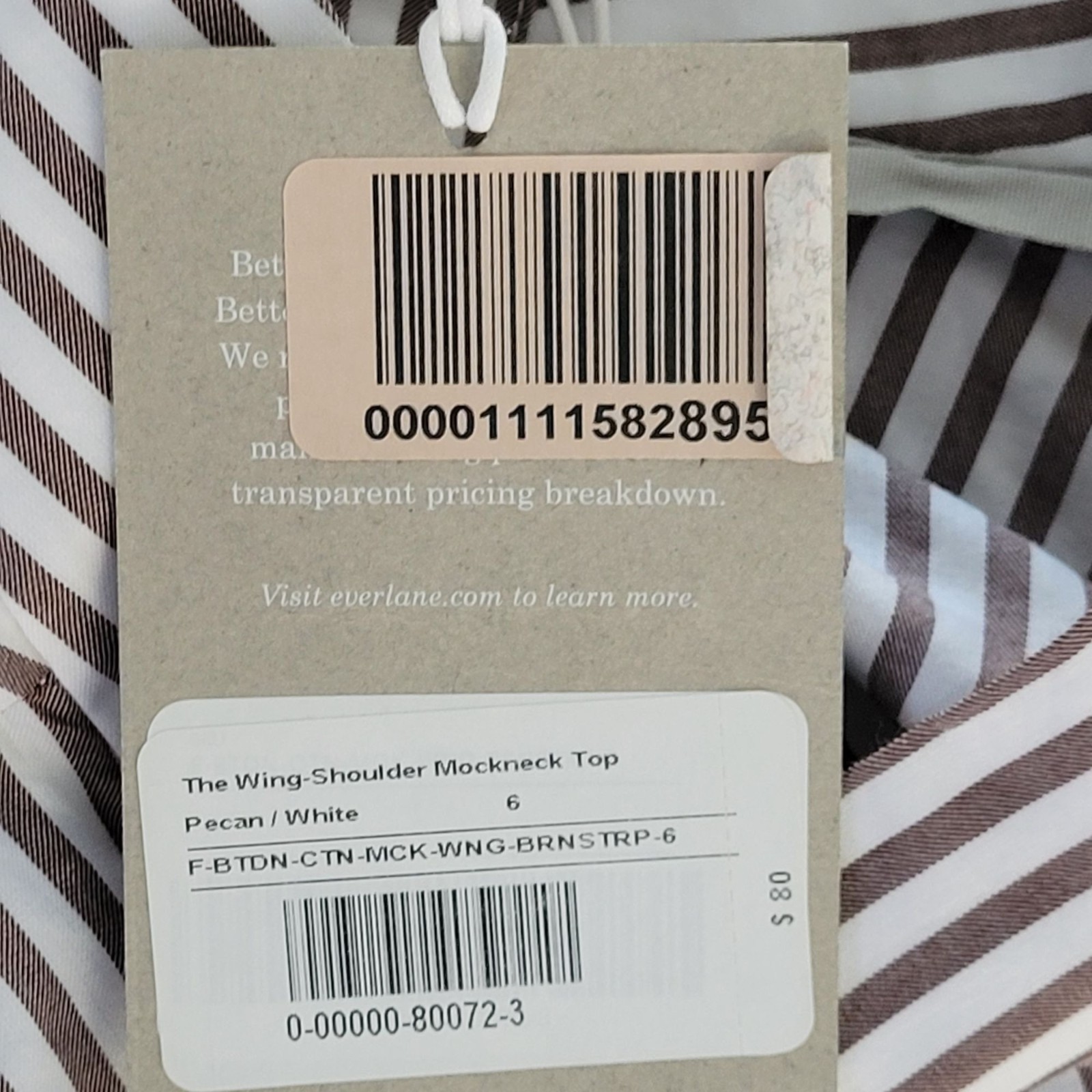 Everlane The Wing Shoulder Mockneck Top Womens Size 6 Pecan White Stripe NWT