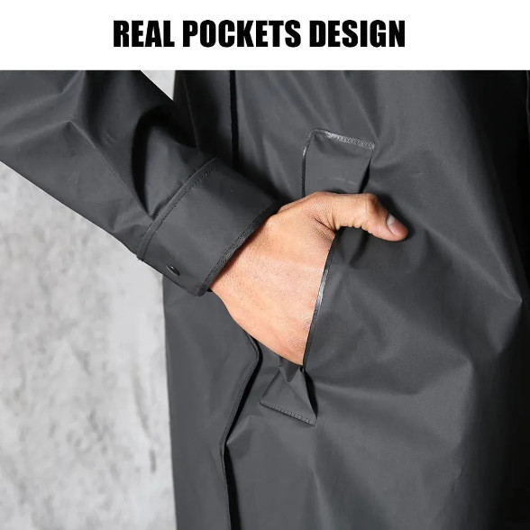 Men Black Waterproof Long Raincoat Hooded Trench Jacket Outdoor Hiking Rain Coat