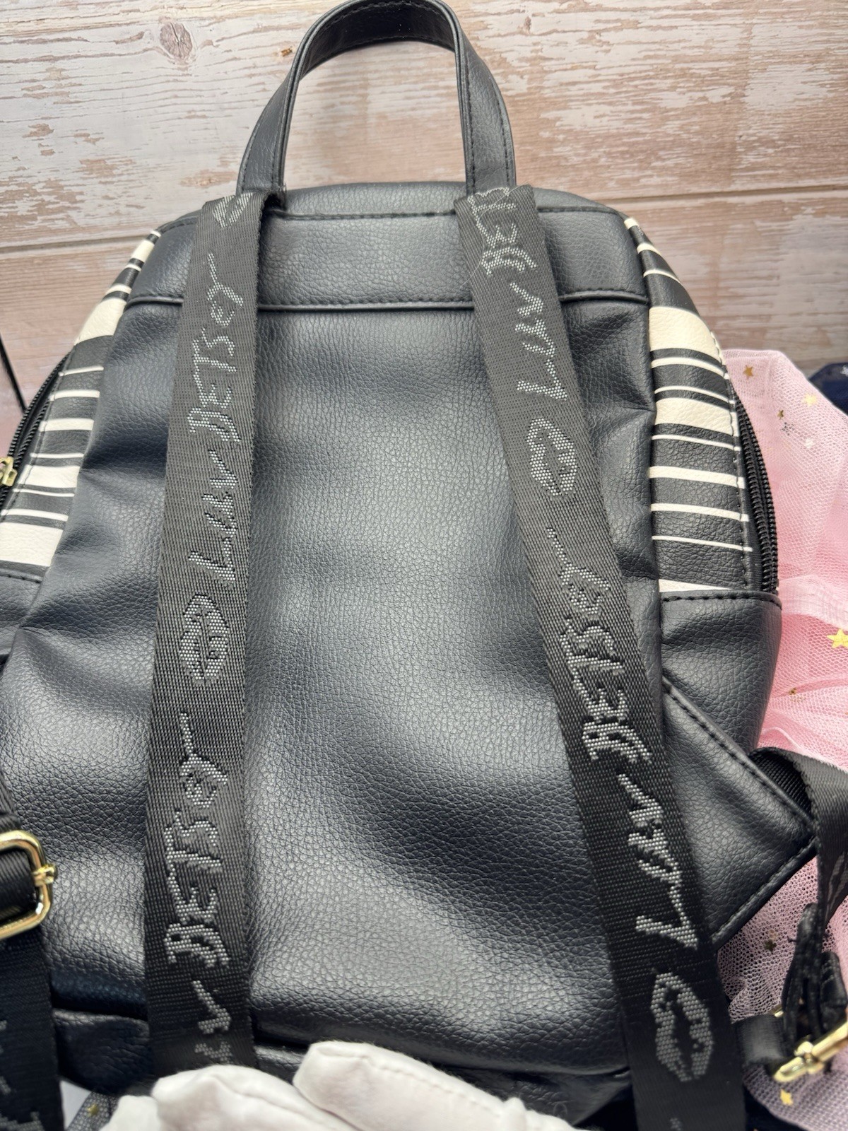 Betsey Johnson Luv Betsey Pink Quilted Heart Mini Backpack Black Striped EUC