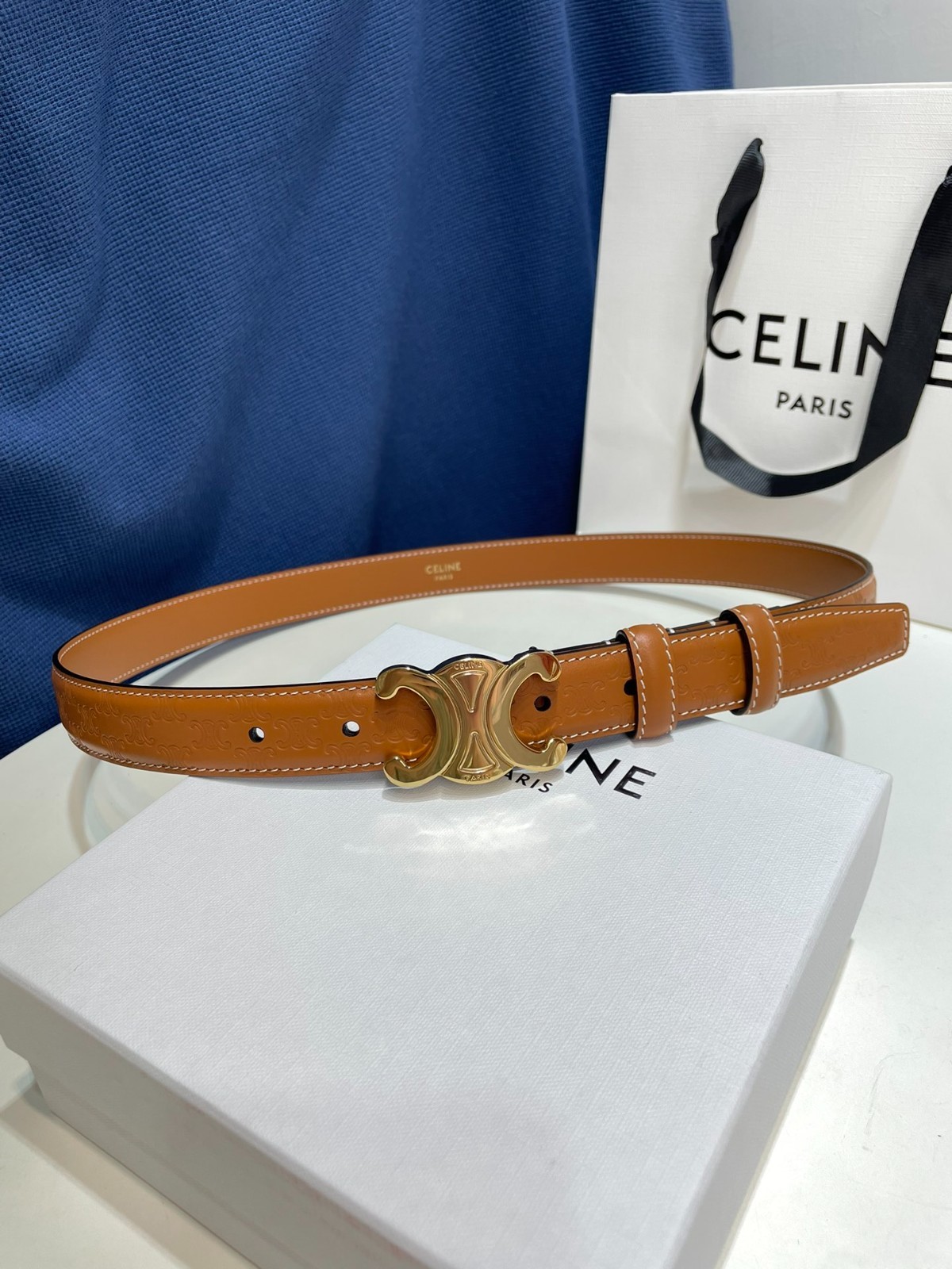 Celine Triomphe Buckle Tan Embossed Leather Belt Luxury Designer Waist Belt