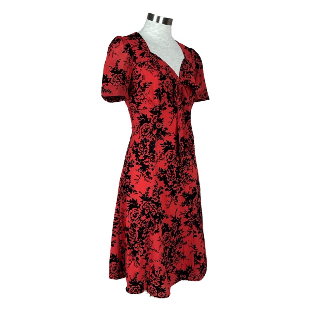 VOODOO VIXEN RETRO PIN UP 50s BRITANNY FLOCKED CHIFFON RED ROSE DRESS DRA8091