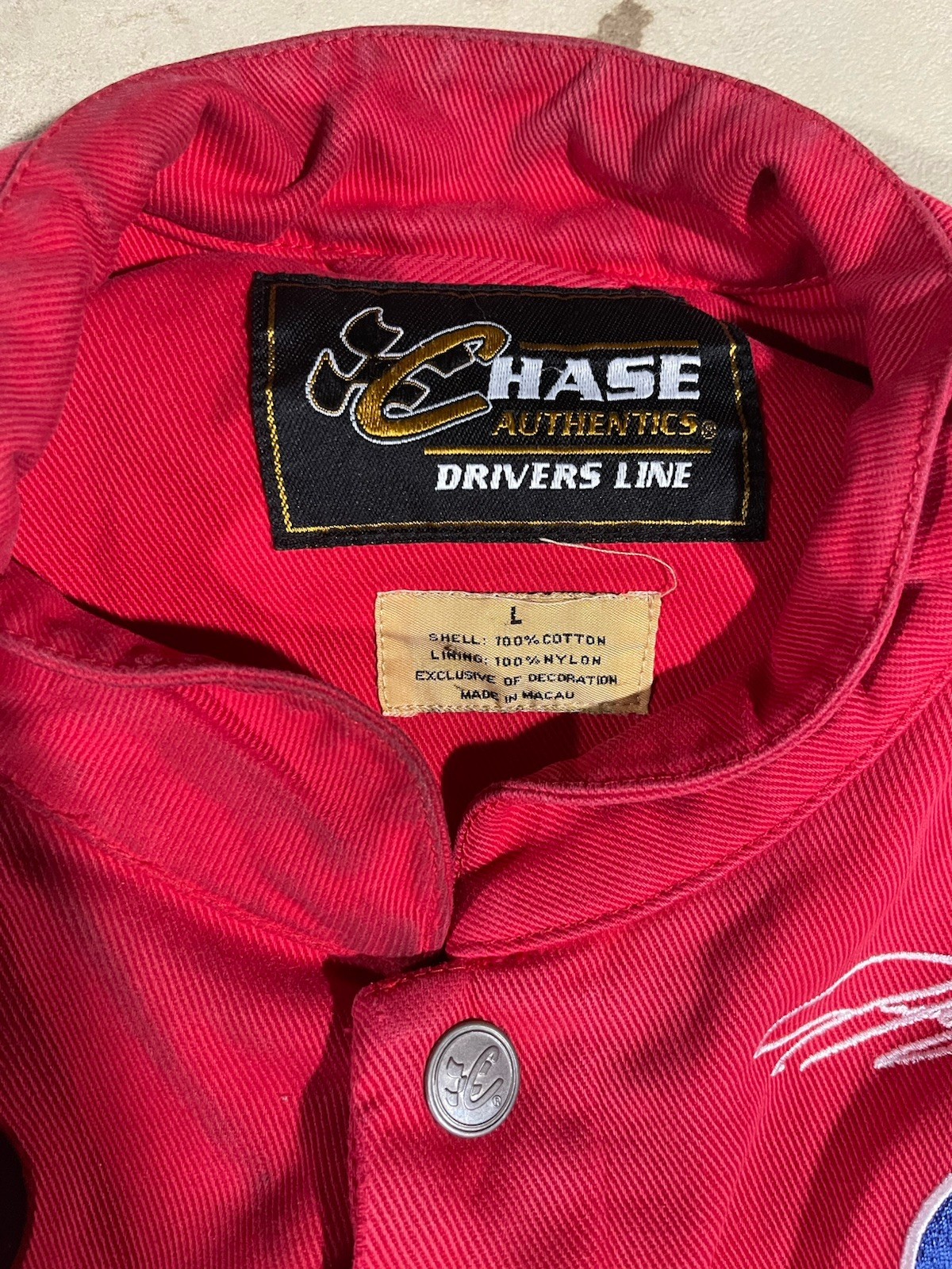 Chase Authentics Drivers Line NASCAR Varsity Jacket Mens L Red Blue Snap