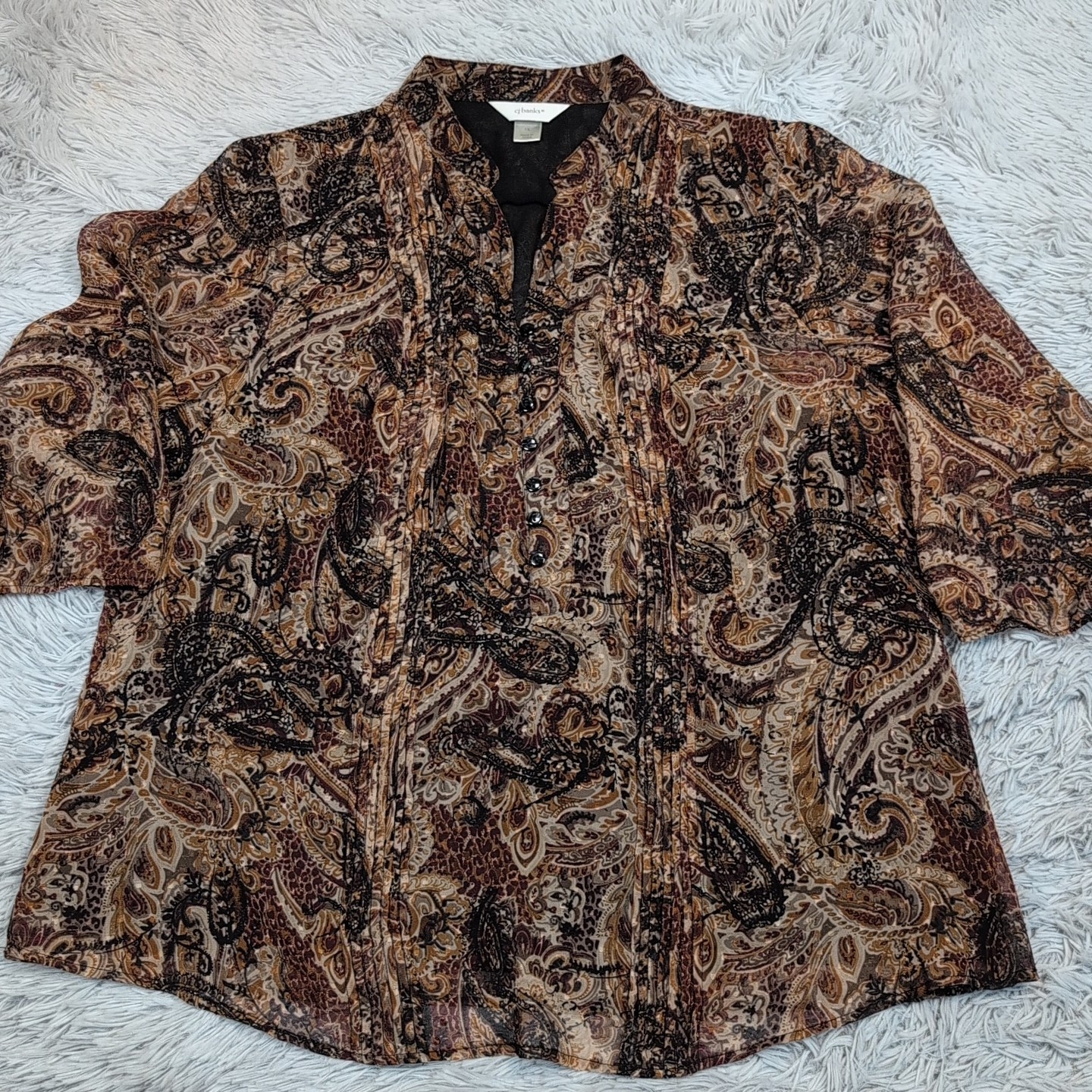 CJ Banks Shirt Womens 1X Paisley Blouse Preppy Comfort Casual Semi Sheer Dressy