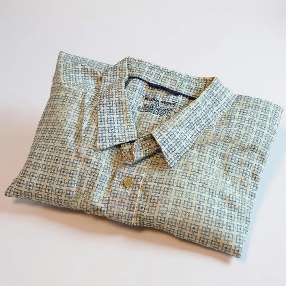 Rough Stock Western Shirt XXL Blue White Geometric Pearl Snap Cowboy Texas