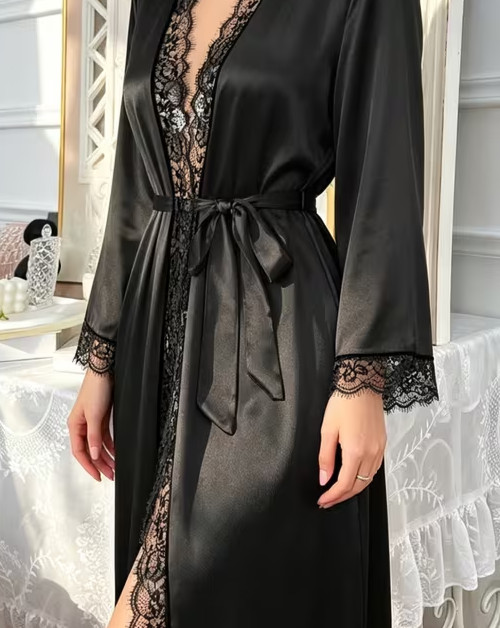 New Elegant Sexy Black Satin Long Sleeve Lace Accent Robe 4X NEW