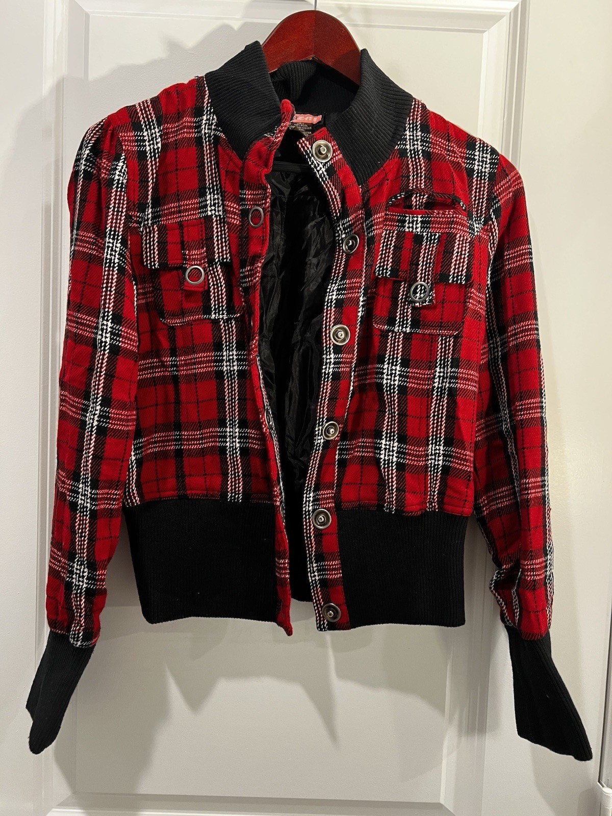 Vintage Red Black Plaid Bomber Jacket Snap Front Ribbed Trim Retro Punk L