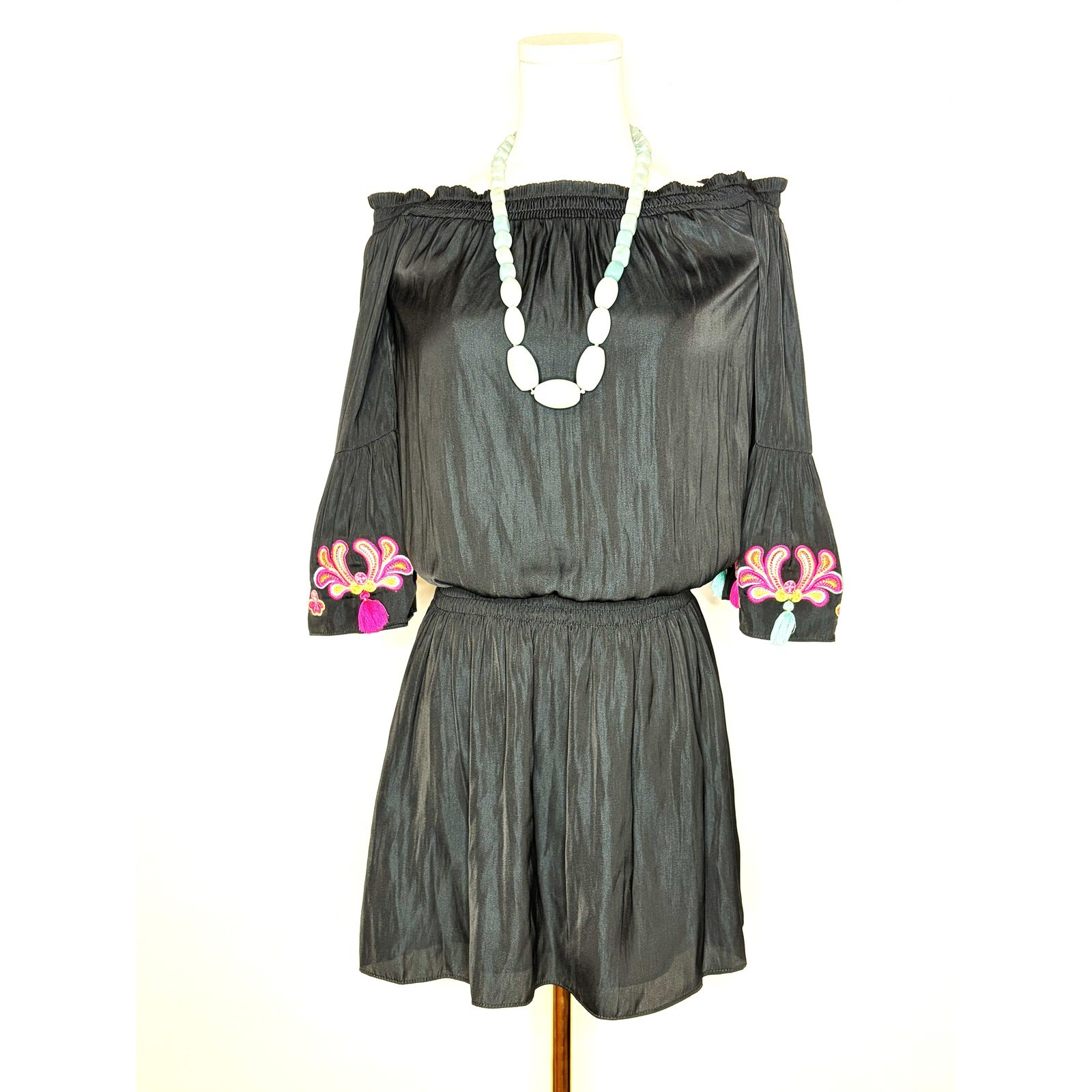 Lilly Pulitzer XXS Black Off-the-Shoulder Embroidered Tassel Romper
