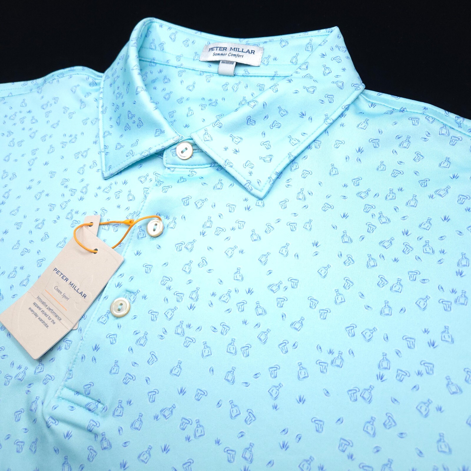 PETER MILLAR GOLF POLO SHIRT -M- AQUA BLUE WHITE COCKTAIL DOT SUMMER COMFORT