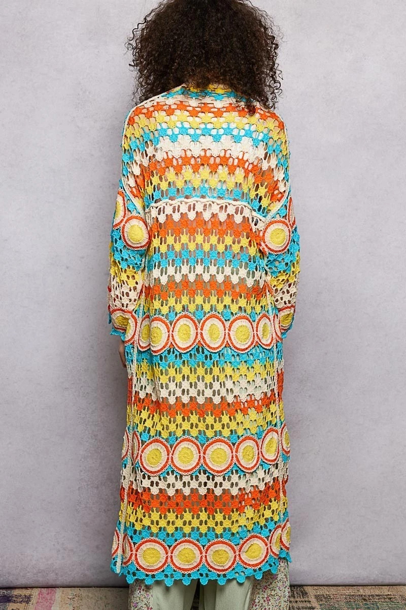 POL Crochet Duster Cardigan Womens Striped Boho Open-Knit Sweater One Size