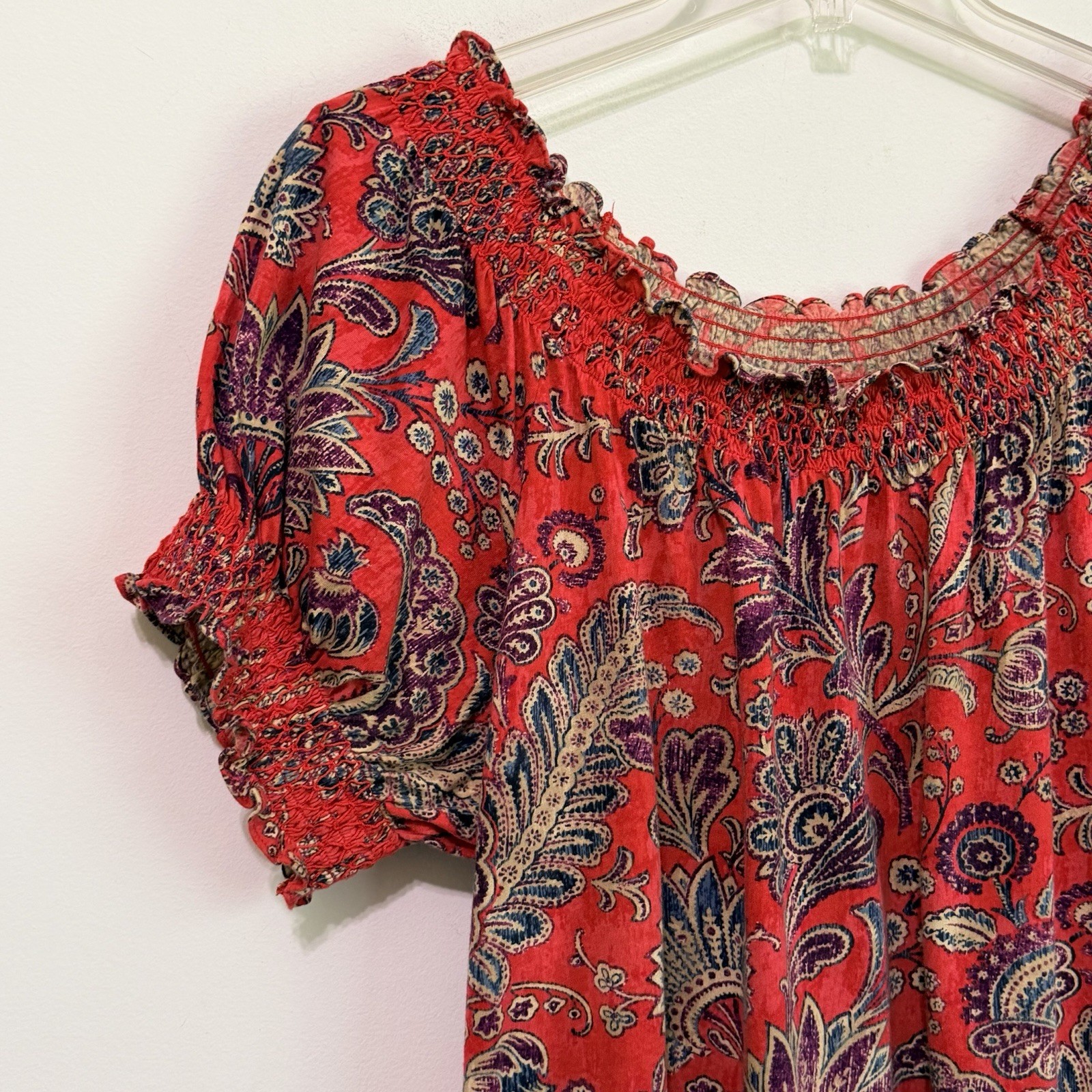 Lauren Ralph Lauren Top XL Red Paisley Smocked Neck Stretch Knit Preppy Shirt