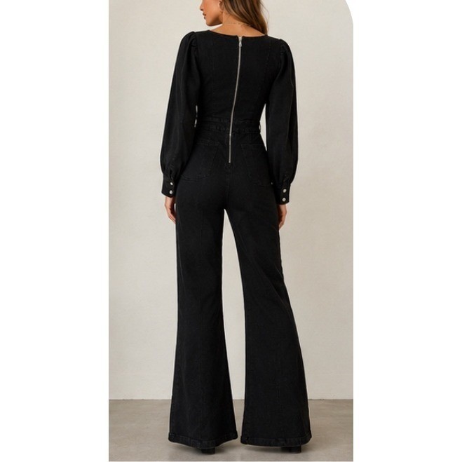 Flying Tomato Black Denim Jumpsuit Puff Sleeve Wide Leg Square Neck IP7509 L